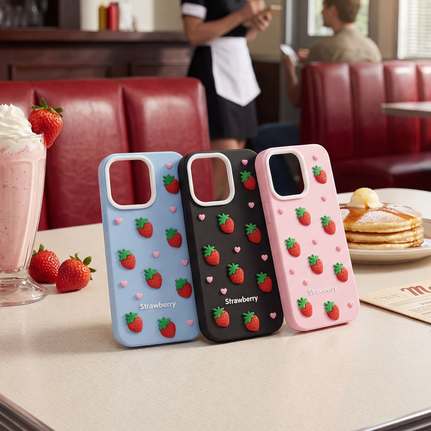 blue pink black case strawberries